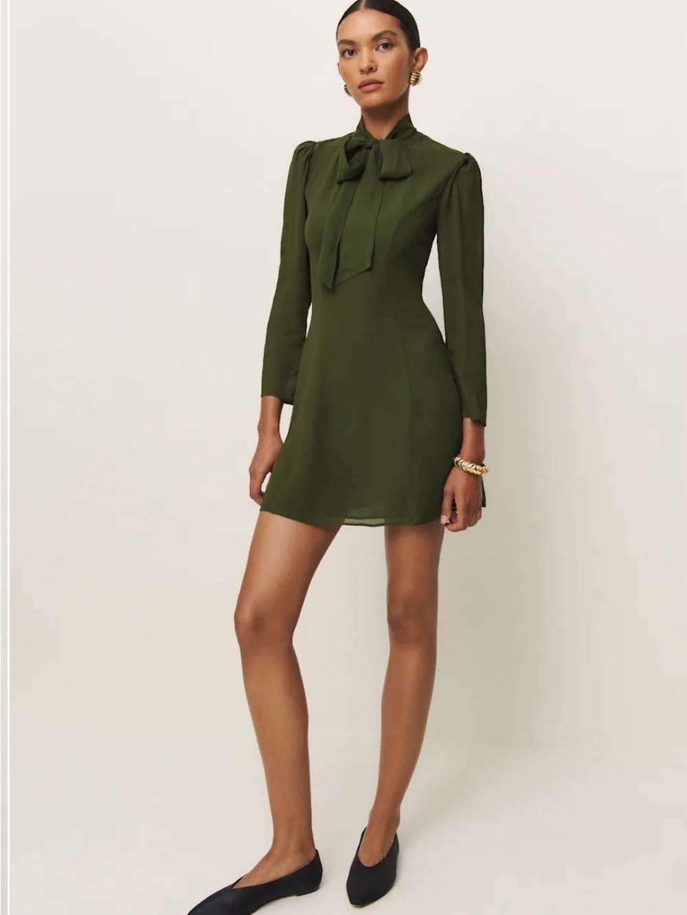 Reformation Fern Green Bow-Neck Long Sleeve Mini “Sunna” Dress Sz 10 NWT